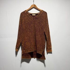 Zenna womens orange mineral washed vneck long sleeve top oversized large NWT